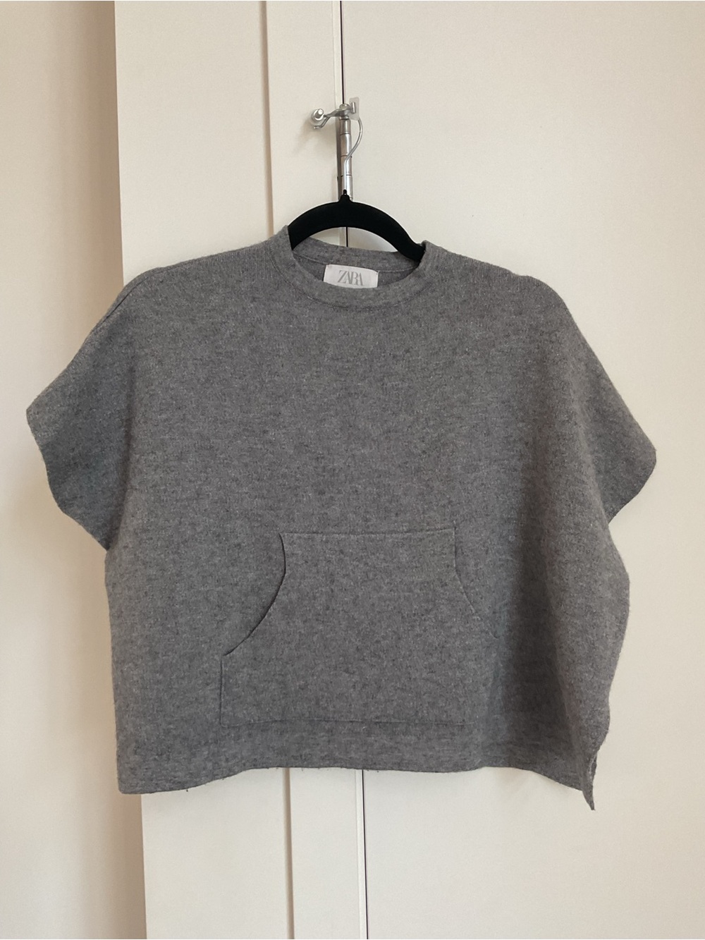 Zara Girls Gray Boxy Short-Sleeve Poncho with Front Pocket